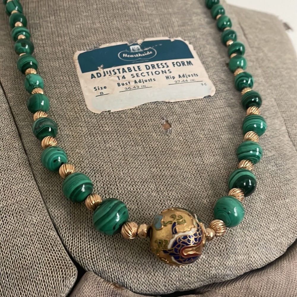 Vintage Malachite Gemstone Cloisonné Dragon Necklace - Picture 14 of 14